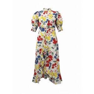 Rixo for Target Floral Maxi Dress Red Blue Yellow Puff Sleeve Ruffle Slit Sz 4